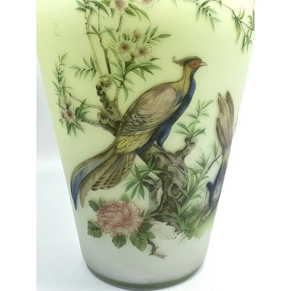 Vintage Norleans Cased Satin Glass Hand Painted Bird & Flowers Glass Vase 14